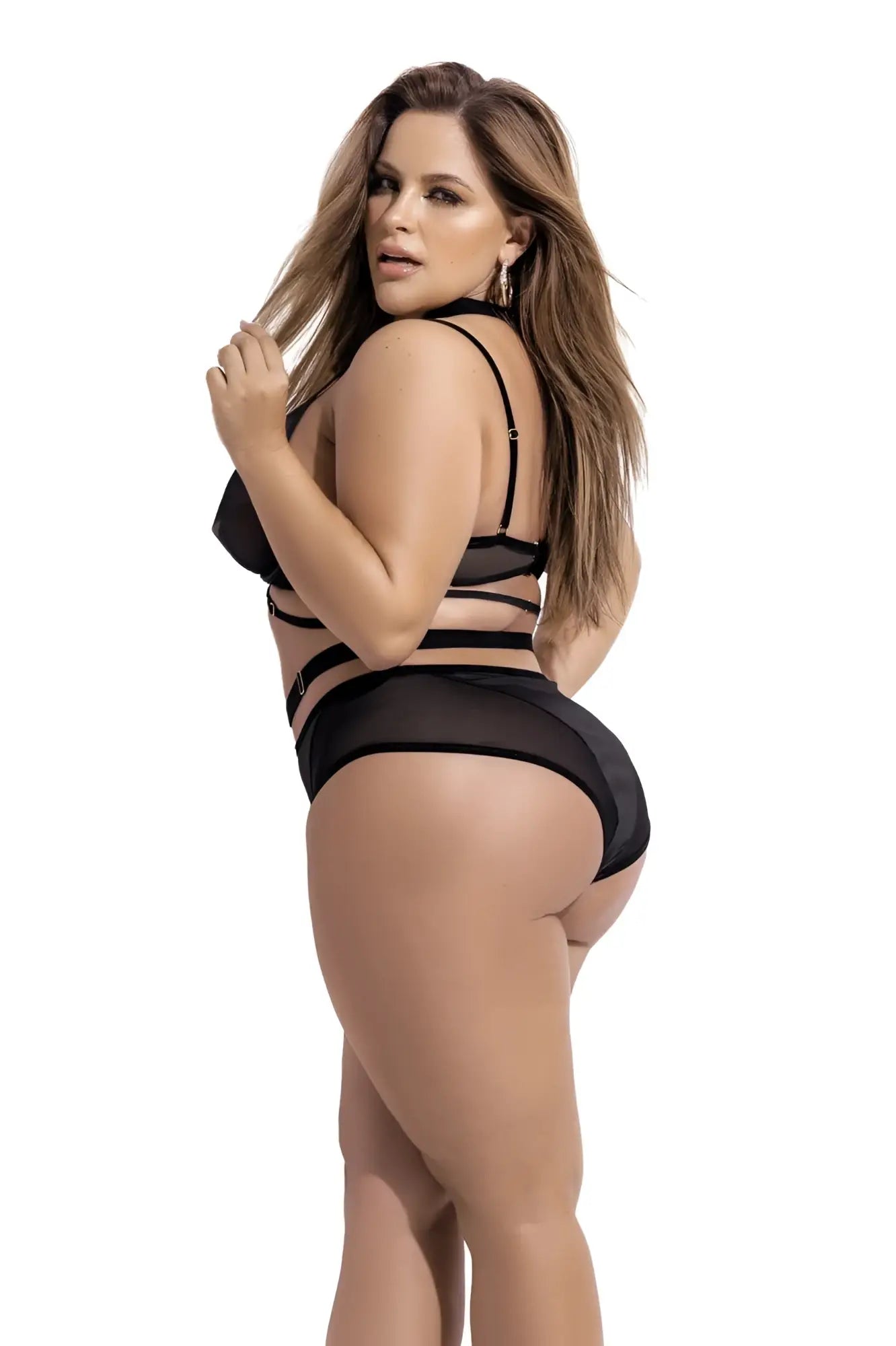 Black sheer mesh lingerie set with thin straps and high-waisted design from Mapale 2696X two piece set