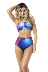 Mapale 2710 two piece set moonlight blue featuring a shimmering holographic strapless bikini top and high-waisted bottoms