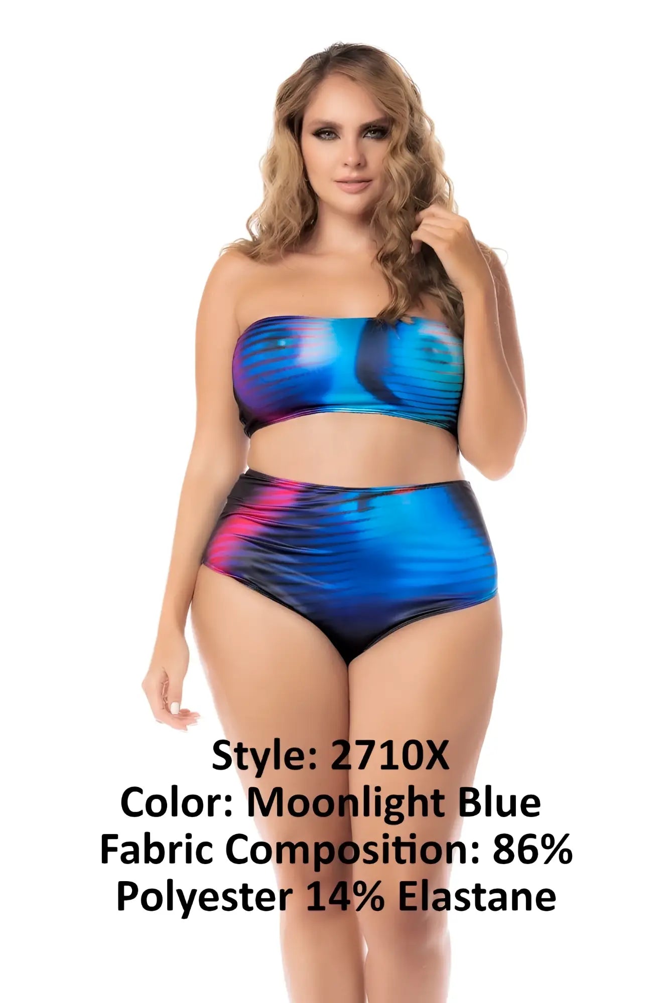 Mapale 2710X two piece moonlight blue strapless bikini set with shimmering iridescent blue and pink gradient pattern