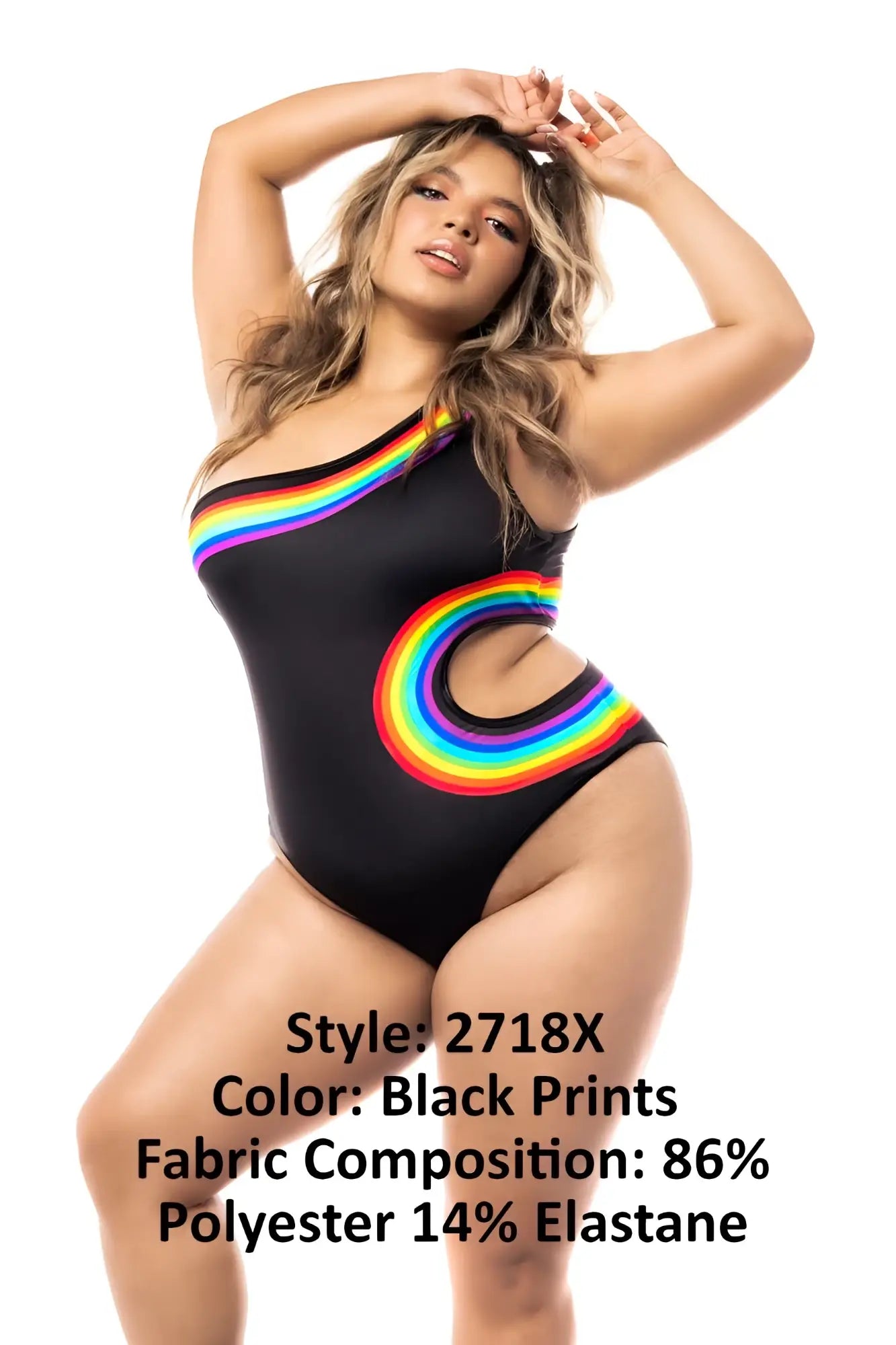 Black one-shoulder swimsuit by Mapale featuring a vibrant rainbow arc design on chest and hip in color black prints