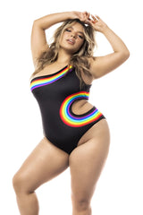 Black mapale 2718x one-shoulder swimsuit with vibrant rainbow arc design and cutout details
