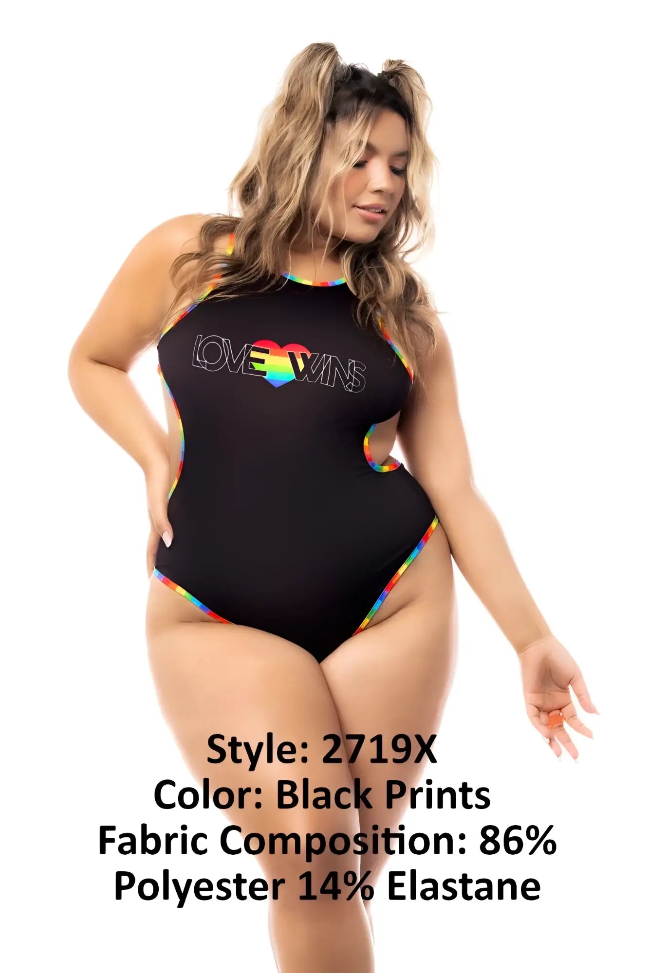 Black Mapale 2719X one-piece swimsuit with rainbow trim and love wins graphic in center