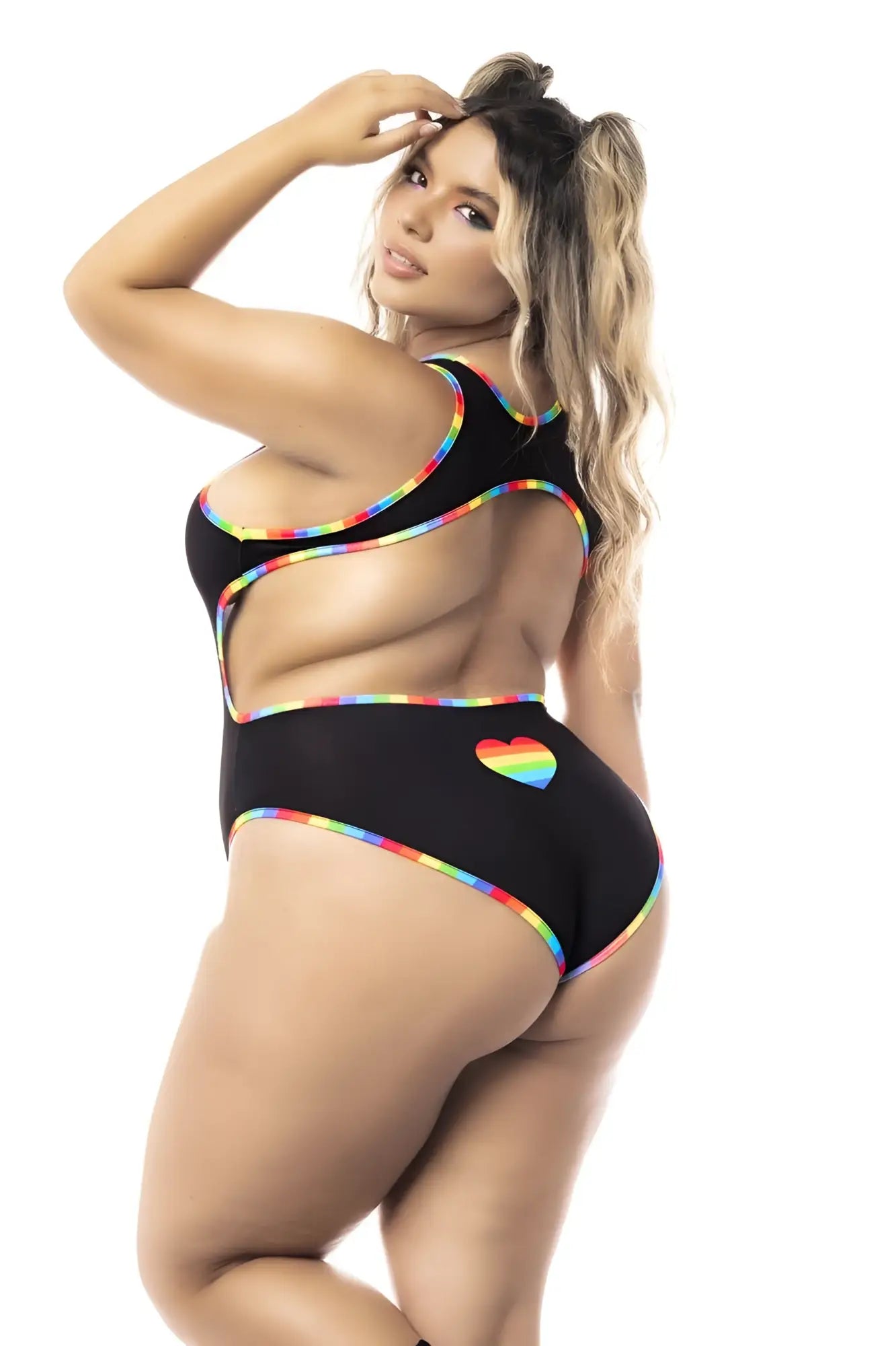 Black one-piece swimsuit mapale 2719x bodysuit with rainbow trim and heart emblem in front view
