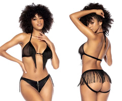 Black fringed lingerie two piece set with sheer mesh and faux leather accents by mapale 2739 in black