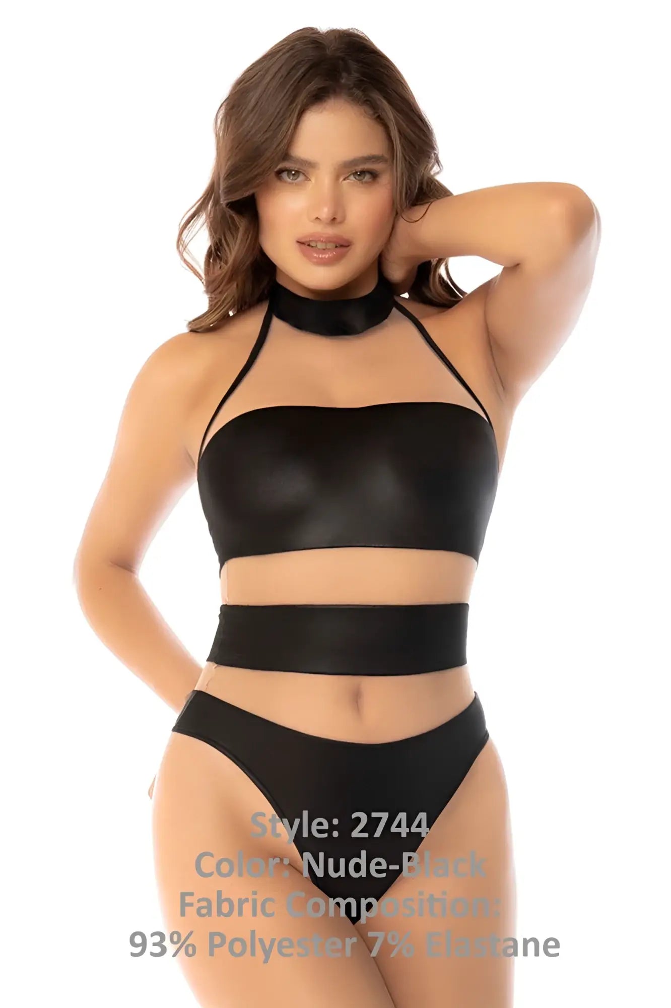 Black halter-style two-piece set with high neckline and cut-out details from mapale 2744 kiki bodysuit nude-black