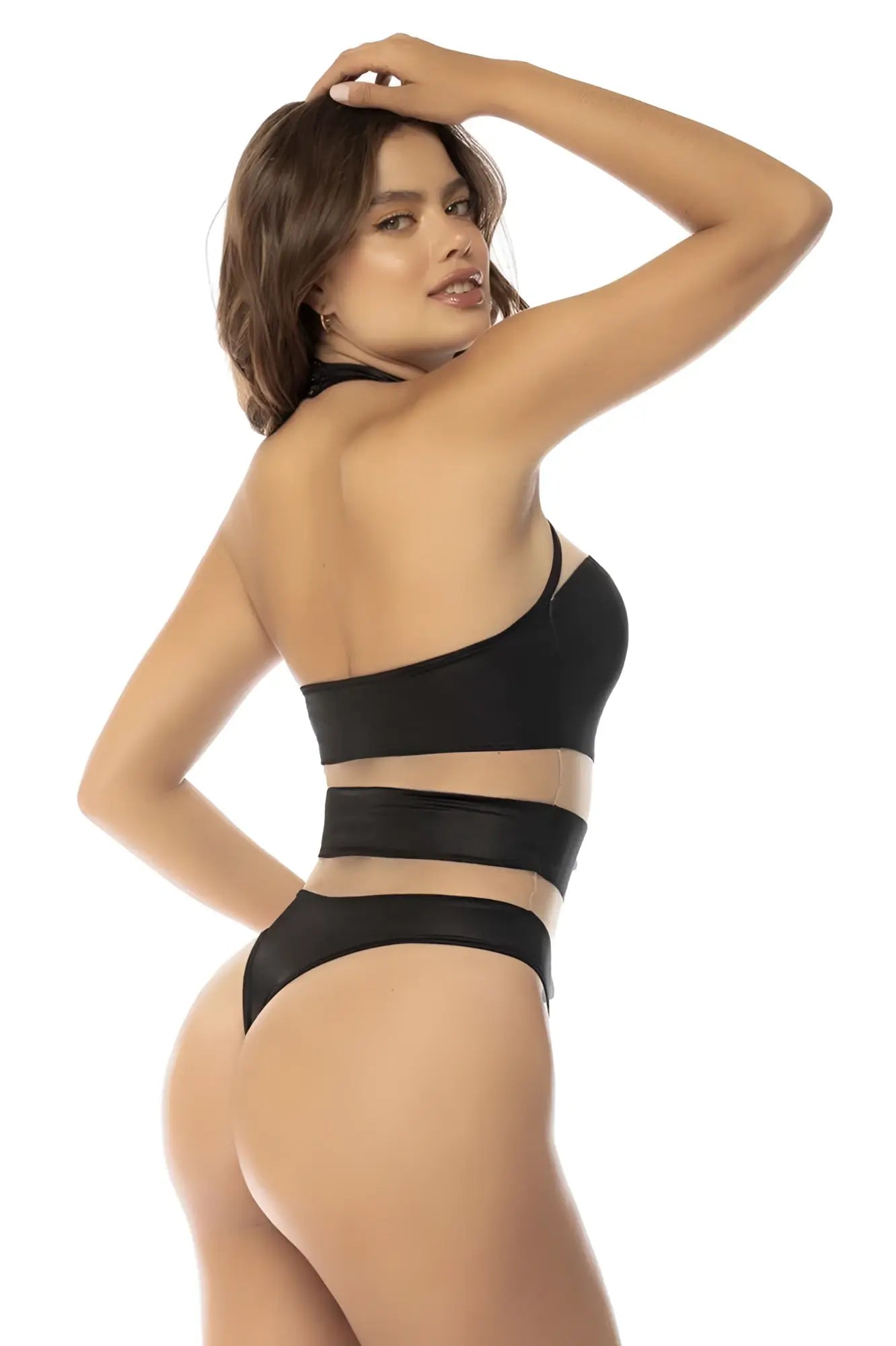 Black mapale 2744 kiki bodysuit one-piece swimsuit with sleek modern cutouts and halter neckline in nude black