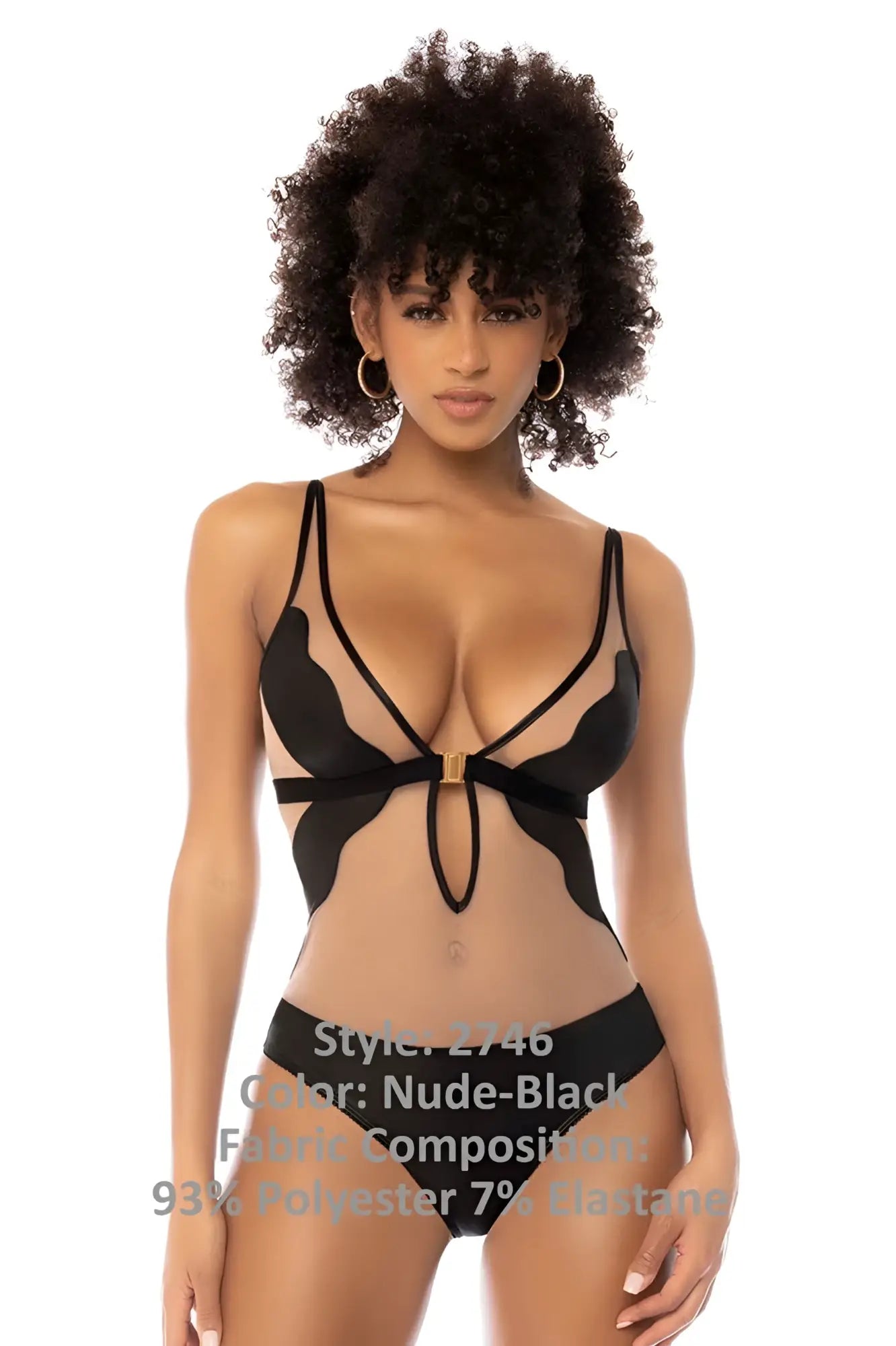 Mapale 2746 fleur bodysuit in nude-black with sheer mesh, black satin straps, and central gold-tone bow detail