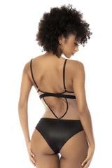 Black satin mapale 2746 fleur bodysuit with delicate lace-up back straps and high-waisted brief in nude-black