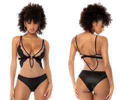Black sheer mesh Mapale 2746 Fleur bodysuit with gold bow and high-waisted briefs in nude and black colors