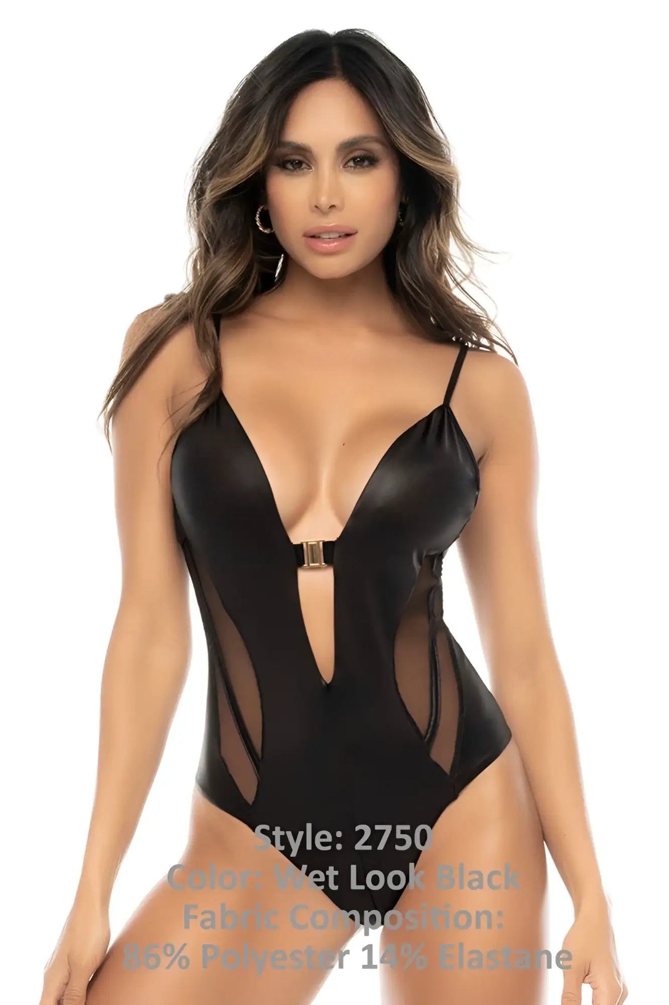 Black wet look one-piece swimsuit with sheer side panels and gold toned clasp front by Mapale 2750 Fenna Bodysuit