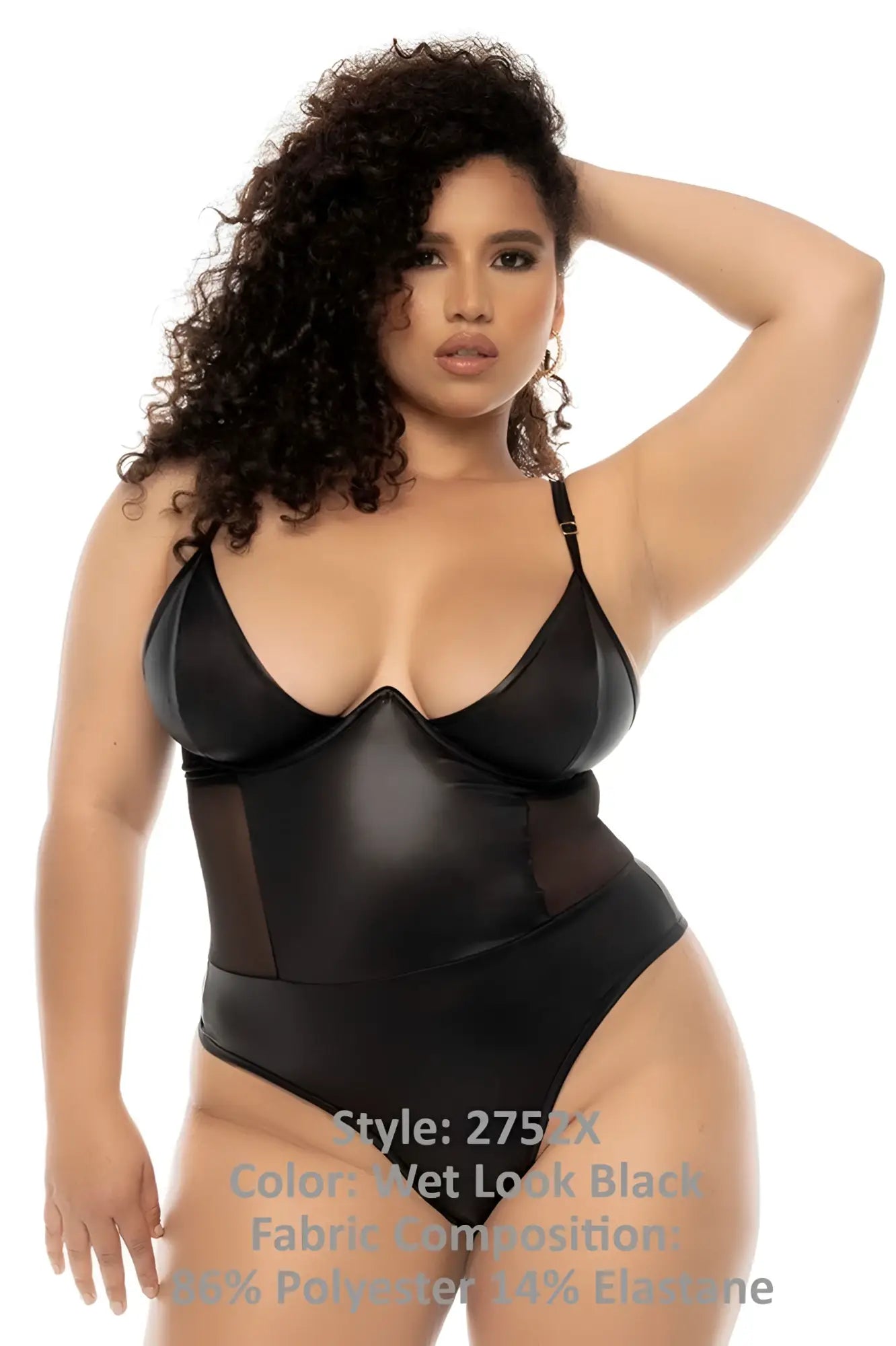 Black wet look one-piece swimsuit with sheer mesh panels and structured fit Mapale 2752X Bibi Bodysuit Plus Color