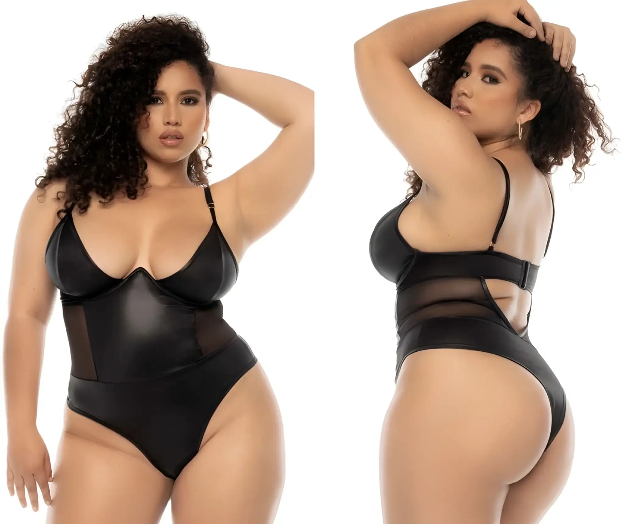 Black satin bodysuit with sheer mesh panels and thin straps from Mapale 2752X Bibi Bodysuit Plus color wet look black