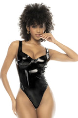 Black patent leather one-piece swimsuit with corset-style bodice and high-cut legs by Mapale 2753 Romee Bodysuit