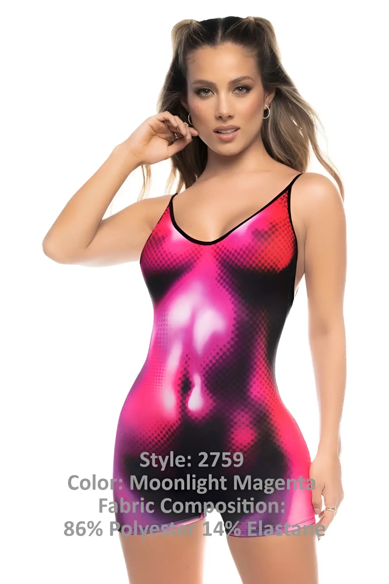 Mapale 2759 mars romper sleeveless bodysuit in vibrant pink magenta gradient with black mesh detailing color moonlight magenta