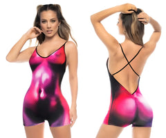 A vibrant pink and black gradient mesh bodysuit with thin straps and open back from mapale 2759 mars romper moonlight magenta