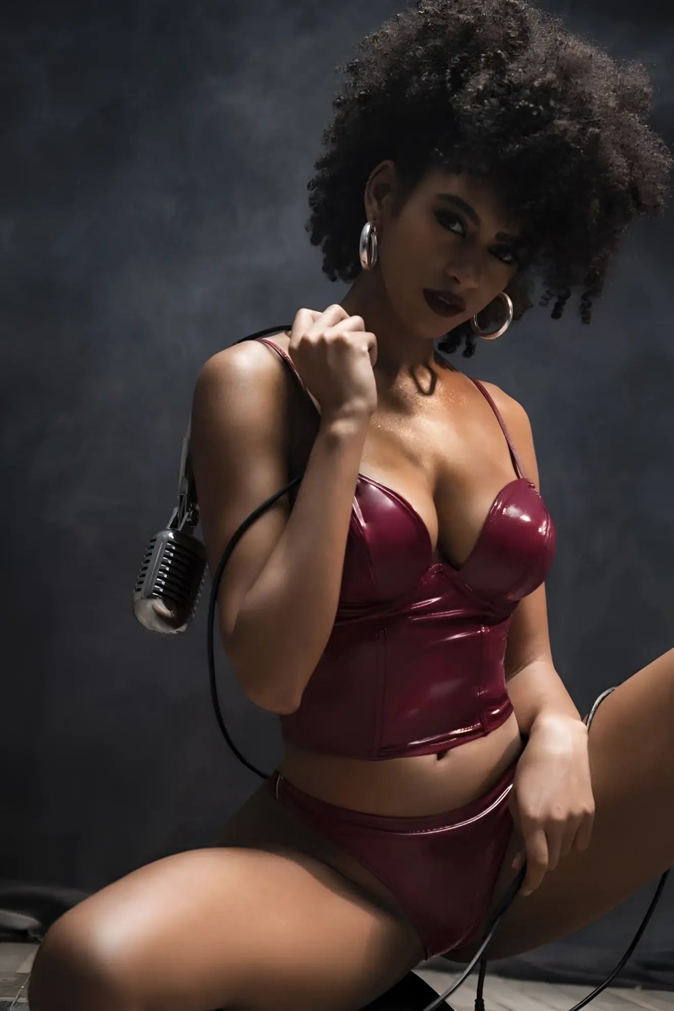 A glossy burgundy latex corset top with thin straps and structured fit from mapale 2761 two piece set gloss wine