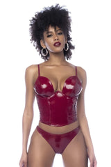 Gloss wine mapale 2761 two piece set featuring a glossy deep red latex corset top with thin straps and structured design