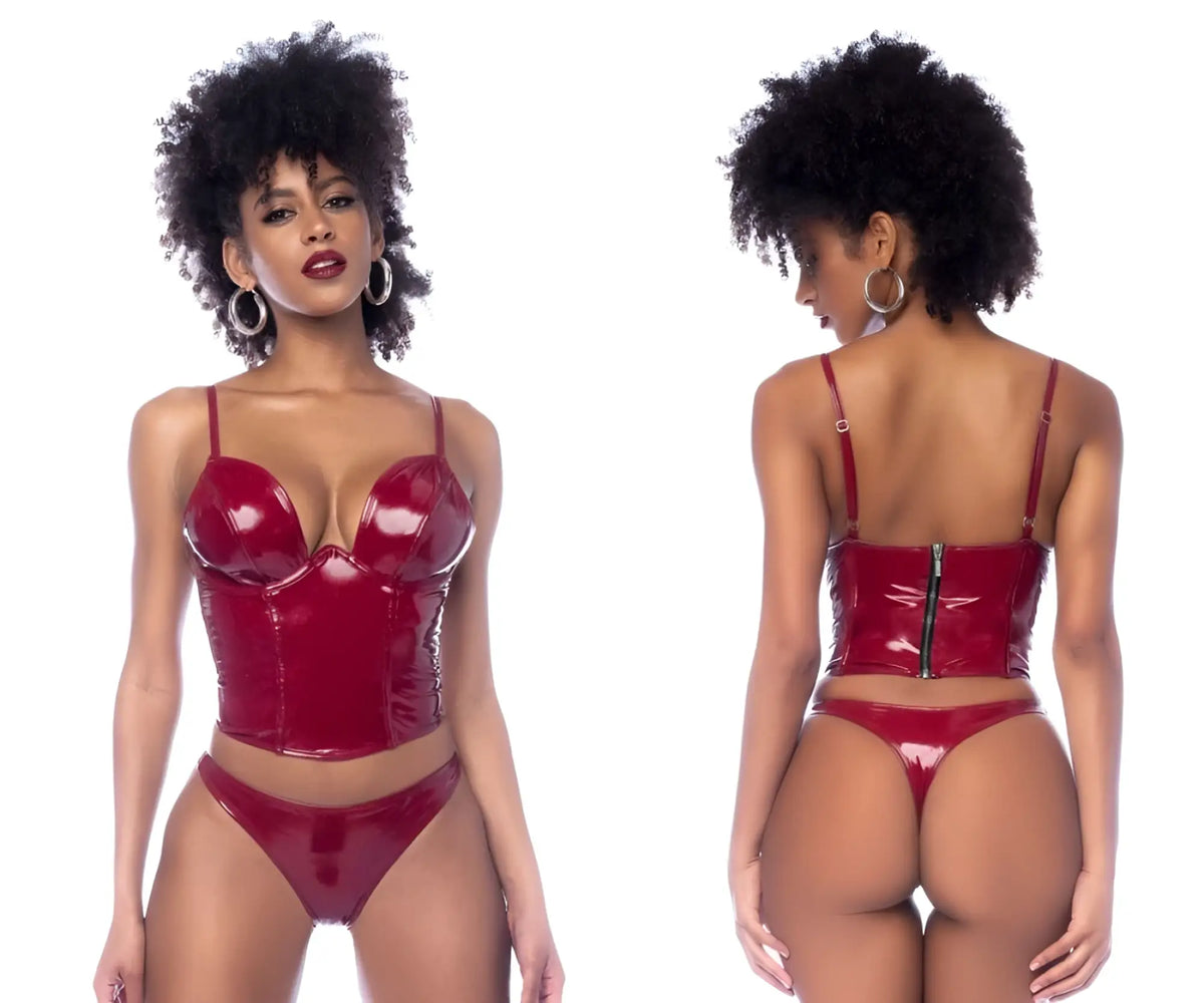 Shiny red latex corset two piece set by mapale in gloss wine color showcasing bold and glossy material finish