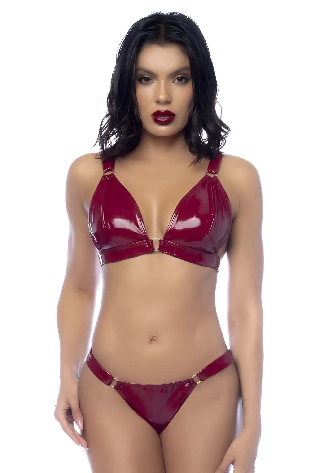Mapale 2763 two piece set shiny red patent leather bra and thong set in gloss wine color front view