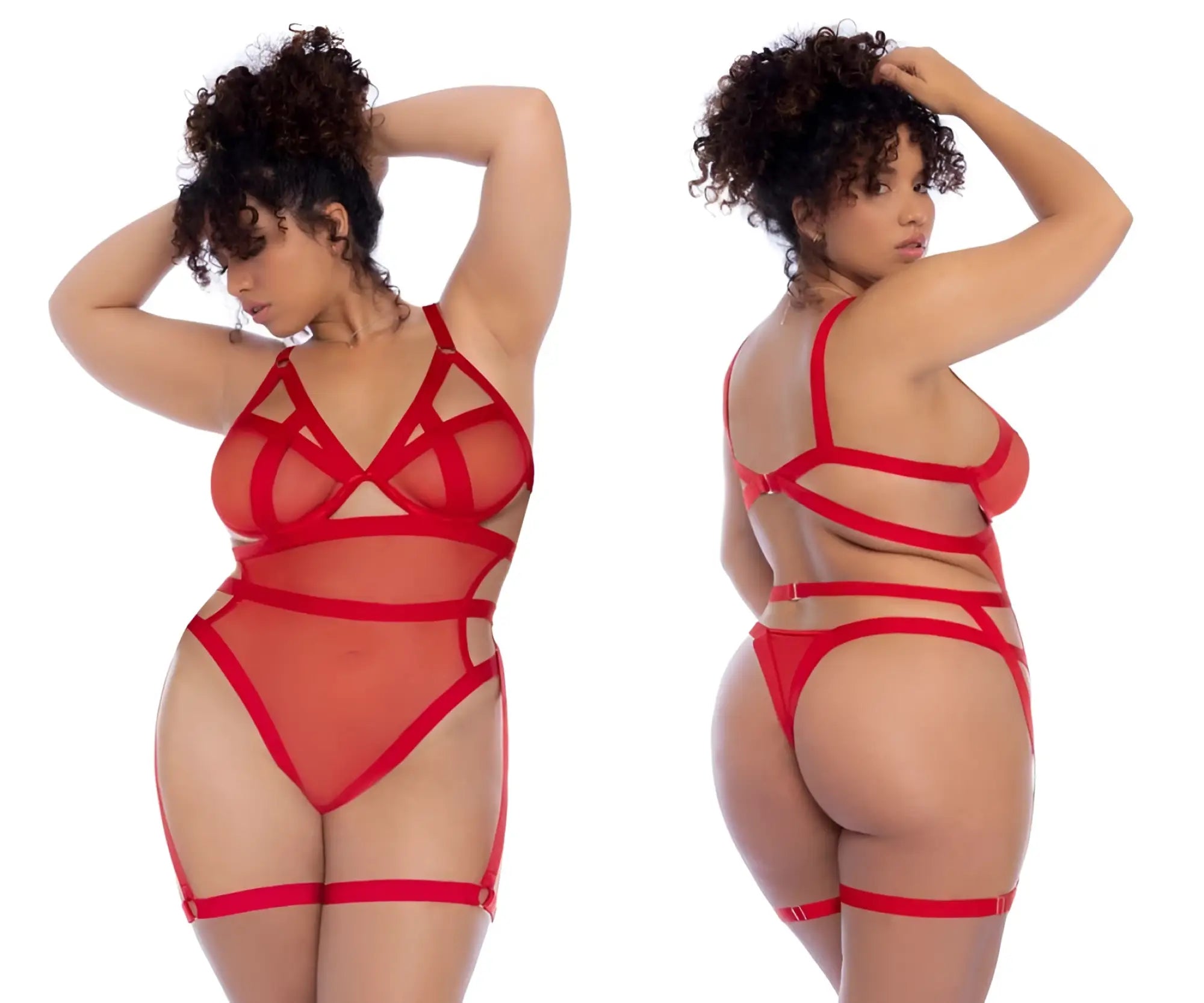 Red lace Mapale 2772X bodysuit with intricate crisscross straps and sheer mesh panels in red color