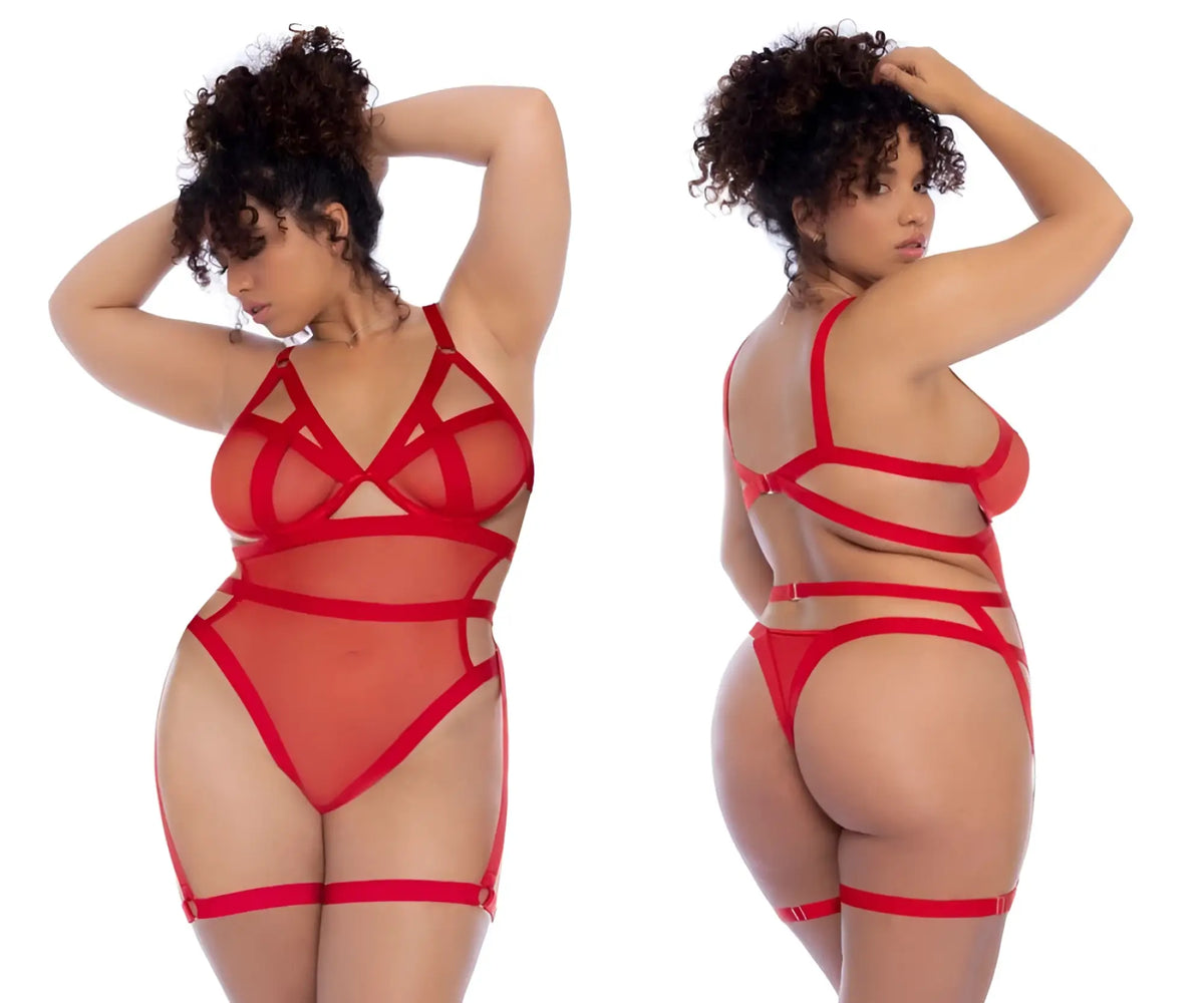 Red lace Mapale 2772X bodysuit with intricate crisscross straps and sheer mesh panels in red color