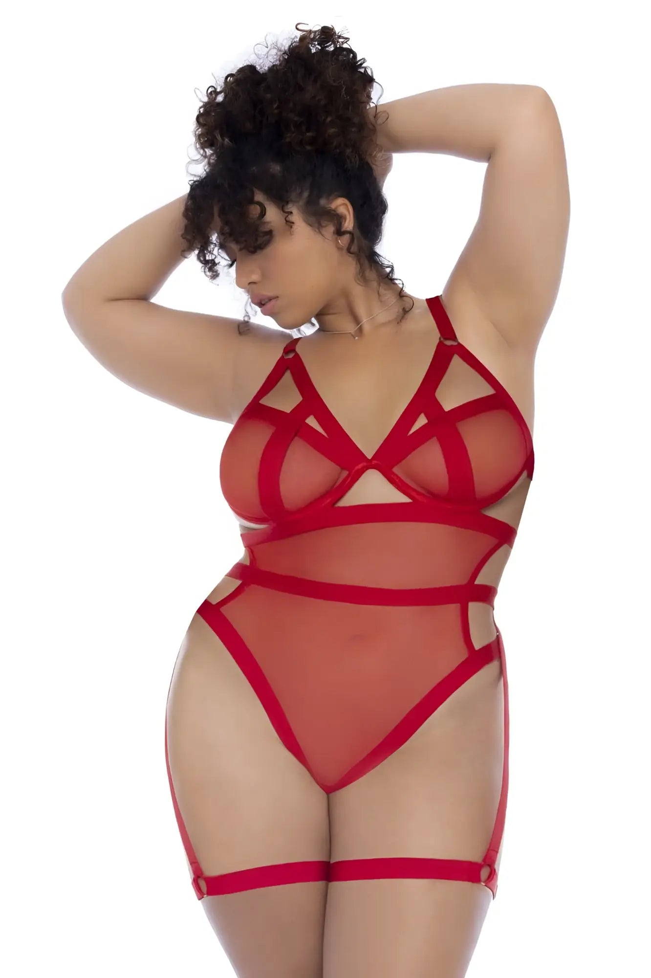 Red sheer mesh lingerie bodysuit with bold red strappy crisscross detailing by Mapale 2772X in red color