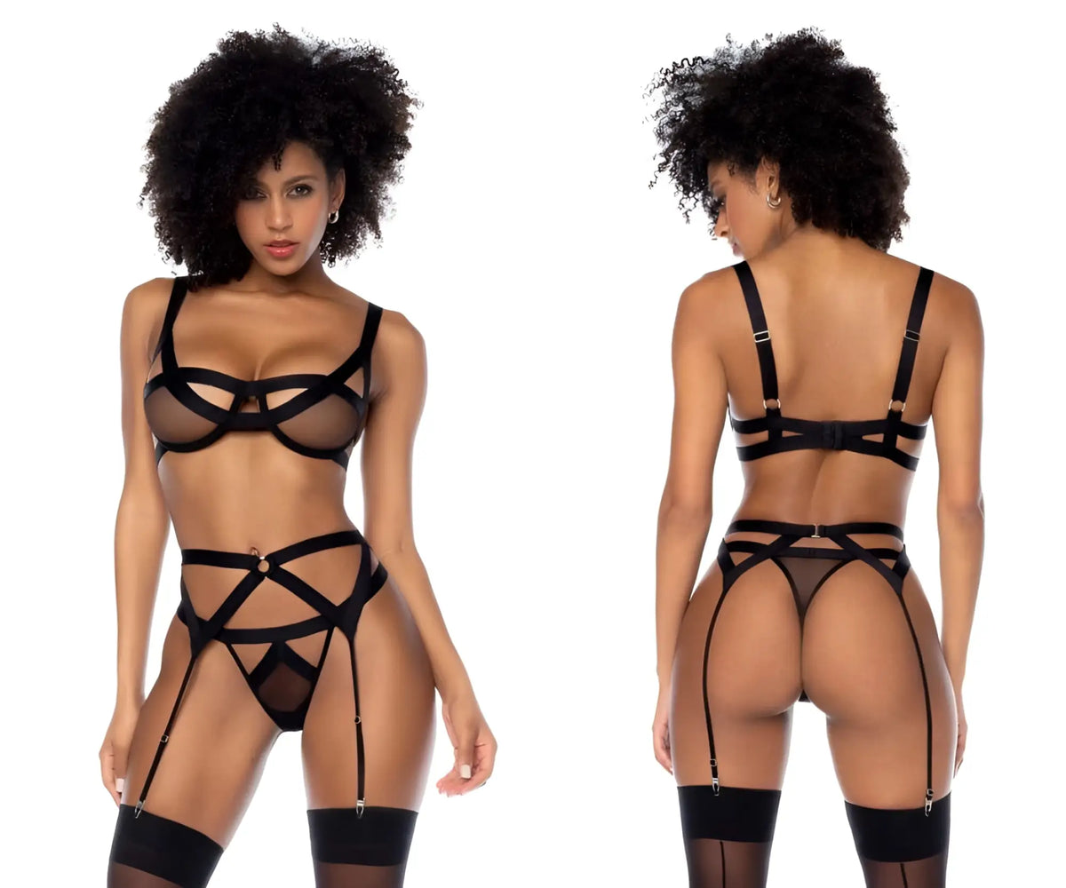 Black lace lingerie set with crisscross straps and garter belts in mapale 2774 three piece set color black