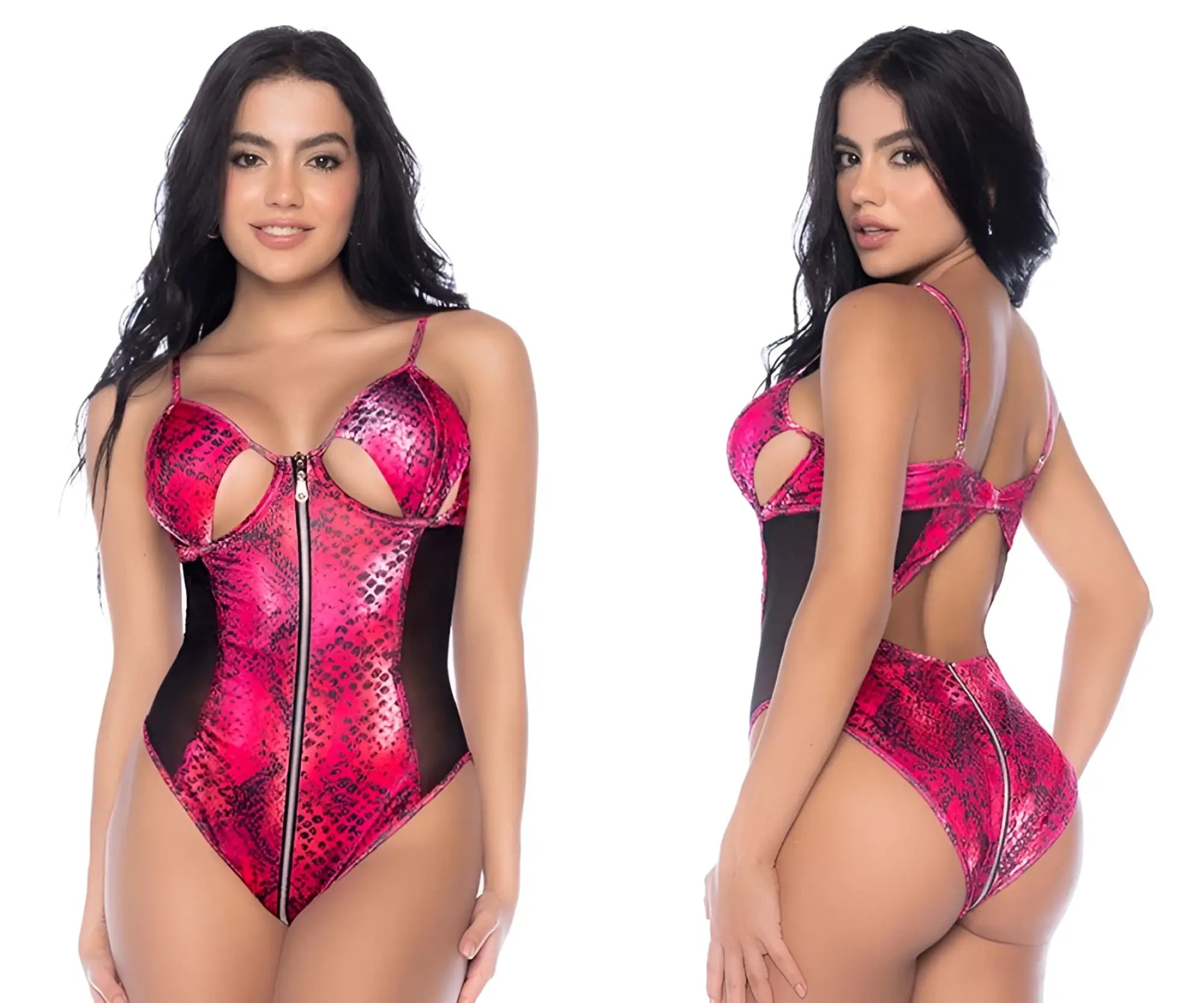 Mapale 2784 bodysuit in fierce fuchsia with pink and black snakeskin pattern mesh side panels and front zipper cut-out bust design
