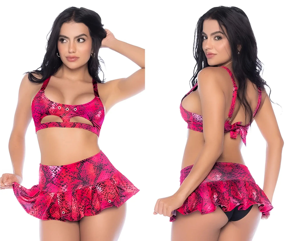 Vibrant fierce fuchsia snakeskin two-piece swimsuit by Mapale with ruffled skirt and halter top