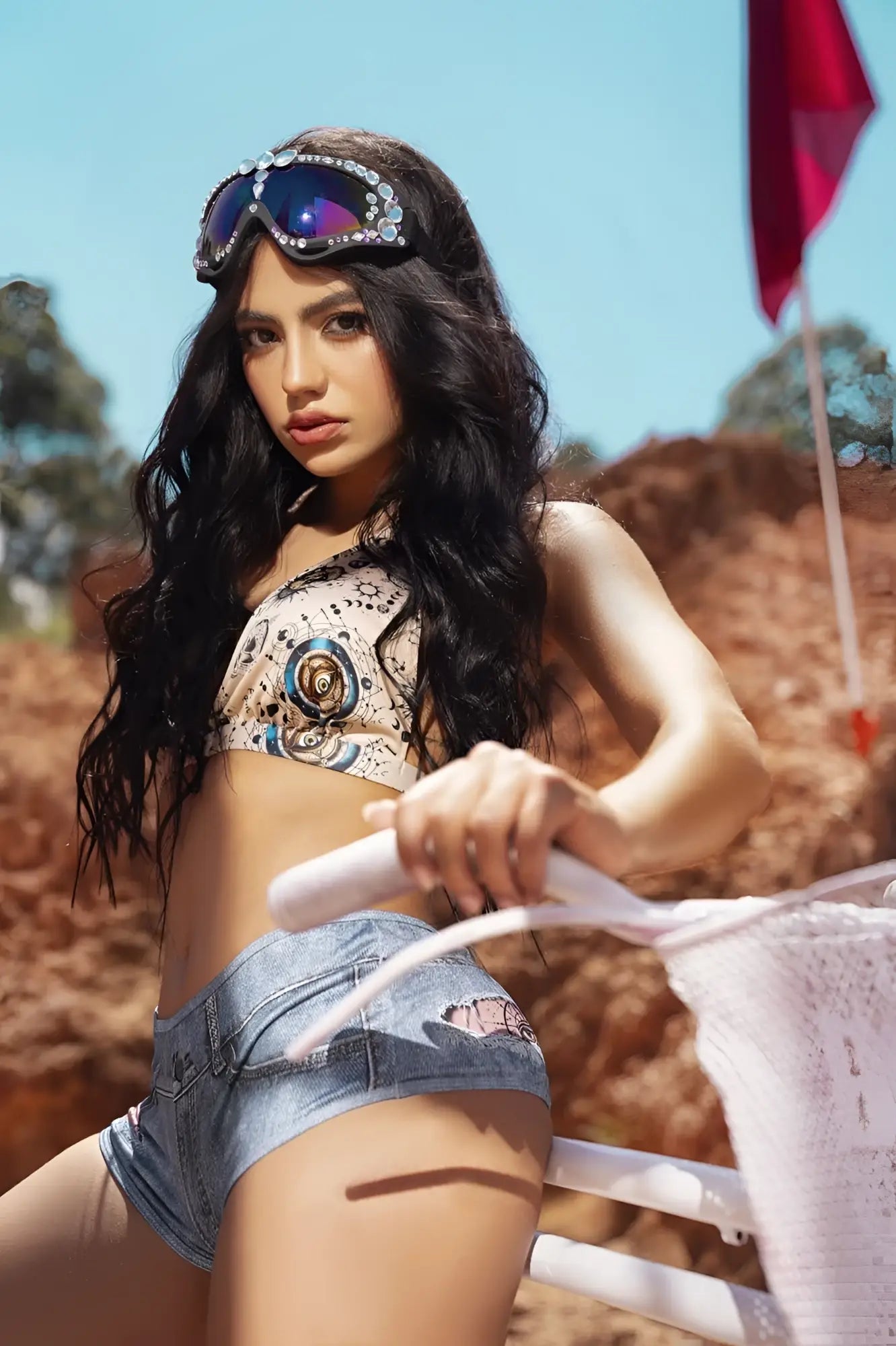 A woman wearing the mapale 2802 two piece set in bohemian mystique with a patterned crop top and distressed denim shorts