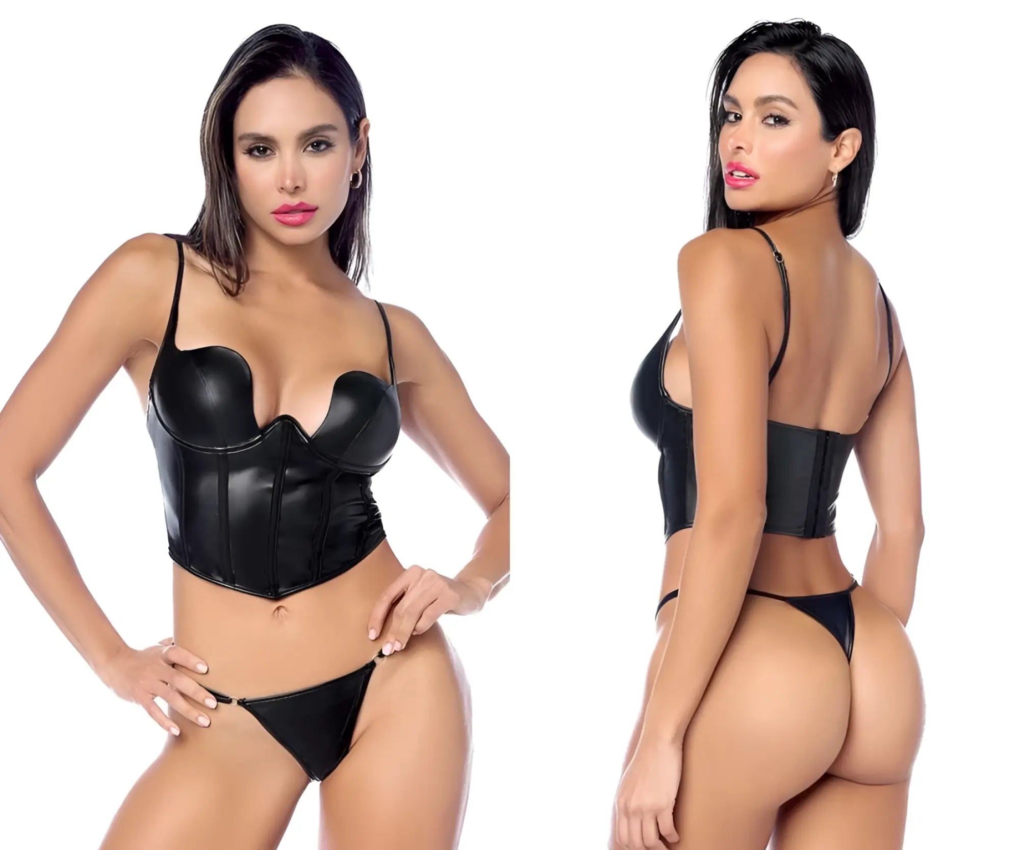 Black faux leather corset and matching thong two piece set by mapale style 2803 designed for stylish lingerie wear