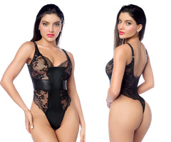 Black lace Mapale 2805 bodysuit with satin waistband and zipper detail in black showing front view