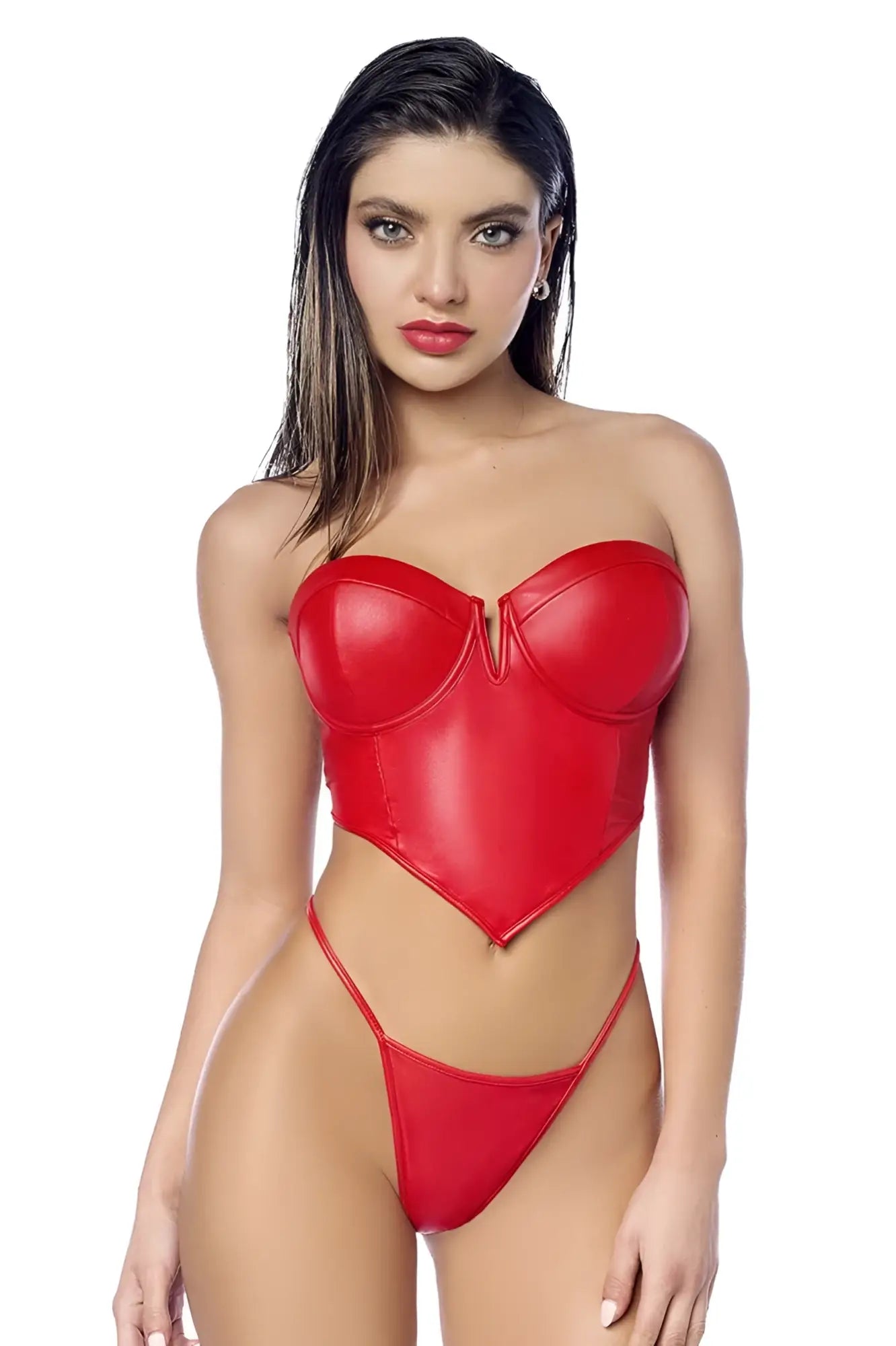 Red faux leather corset top with sweetheart neckline and matching thong from mapale 2809 two piece set