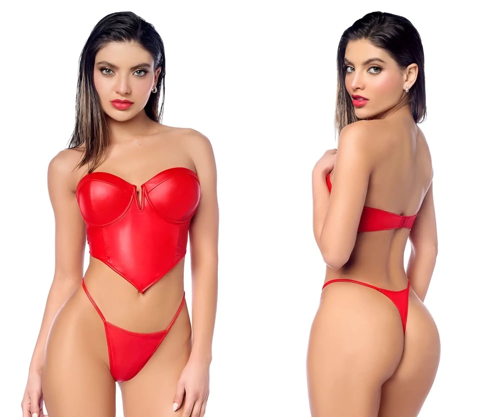 Red latex corset top with matching thong briefs by mapale 2809 two piece set for lingerie and intimate wear