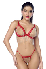 Red lace bra and matching thong set with dangling crystal fringe in mapale 2811 two piece set color red