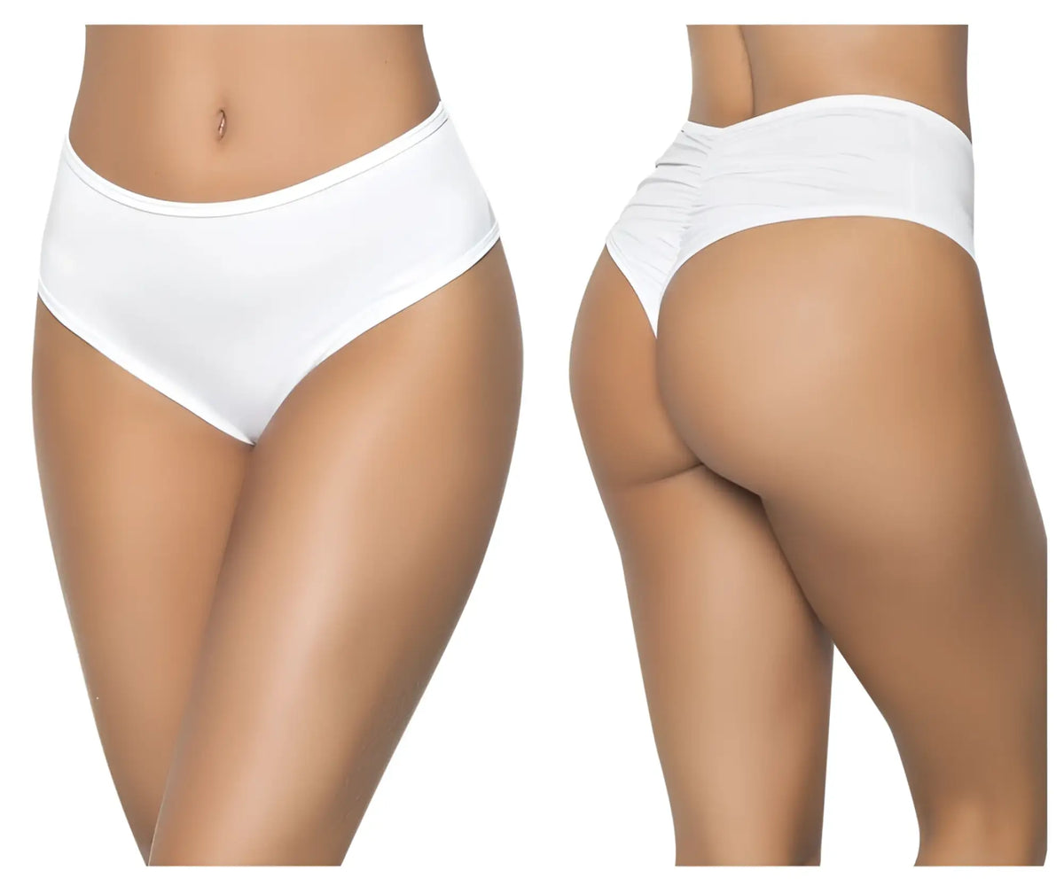White mapale 3037 high waist bikini briefs with smooth stretchy fabric and ruched back design shown from the back