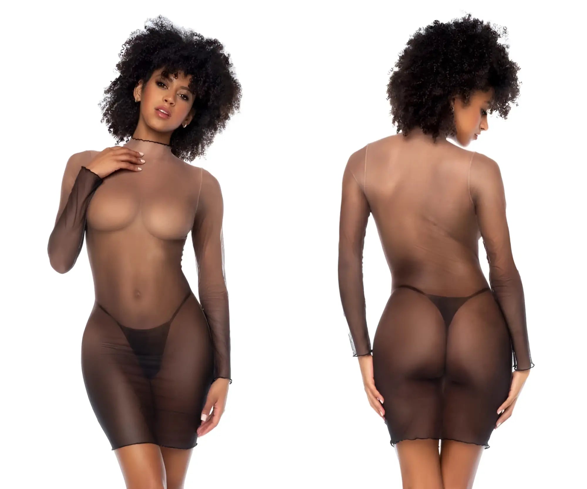 Back side of mapale 40000 dress in midnight shadow featuring black sheer long sleeves with solid thong back panel