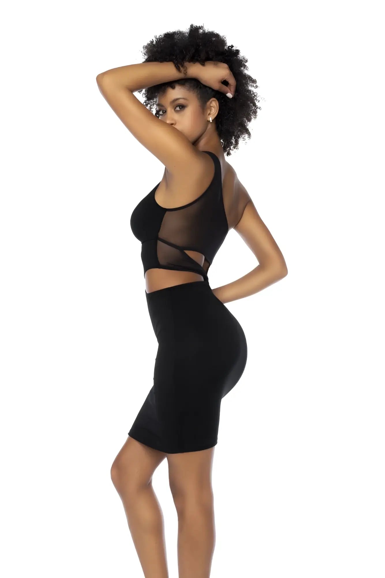 Black sheer mesh crop top with side cutouts paired with a black form-fitting pencil skirt by Mapale 40004 dress color black