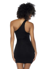 Black mapale 40006 one-shoulder mini dress with fitted silhouette and smooth stretchy fabric
