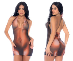 Sheer form-fitting mapale 40010 halter dress in brown and black gradient with tattoo-style designs front print