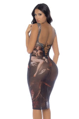 Mapale 40011 dress in dark gray midi length with classical painting print and lace-up back shown from behind