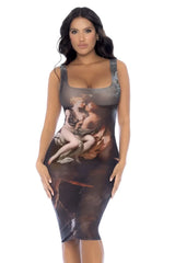 Mapale 40011 dress in dark gray and black with a form-fitting sleeveless design and classical painting print