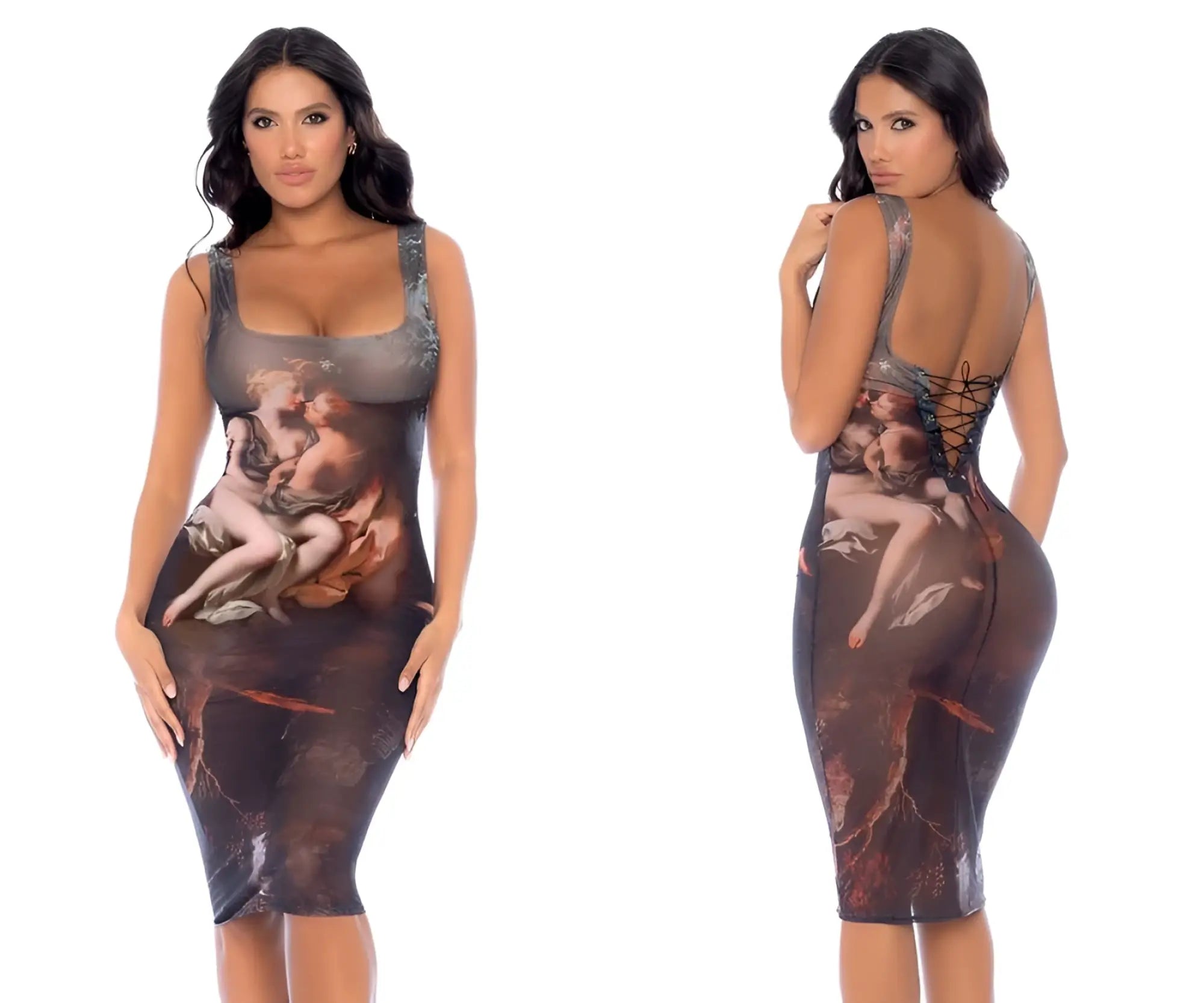 Mapale 40011 dress in dark brown and gray with a sleeveless design and classical painting print details