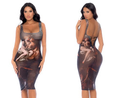 Mapale 40011 dress in dark brown and gray with a sleeveless design and classical painting print details