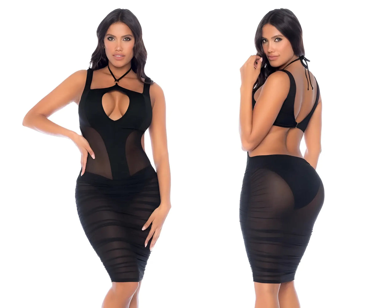 Black sheer mesh bodycon dress with cutout neckline and back tie details by mapale 40014 shown from the back