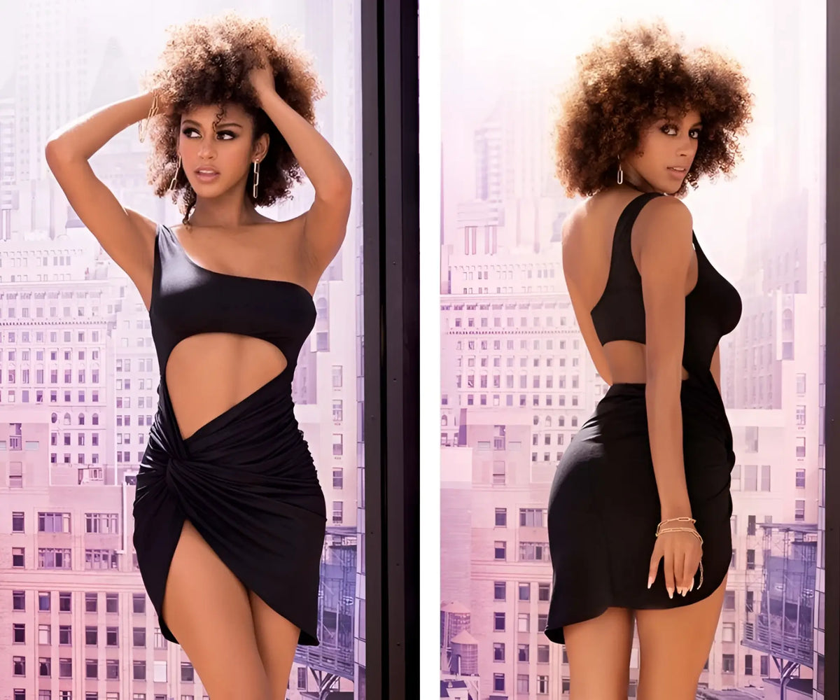 Black Mapale 4566 dress featuring a one-shoulder cutout design with a draped asymmetrical skirt