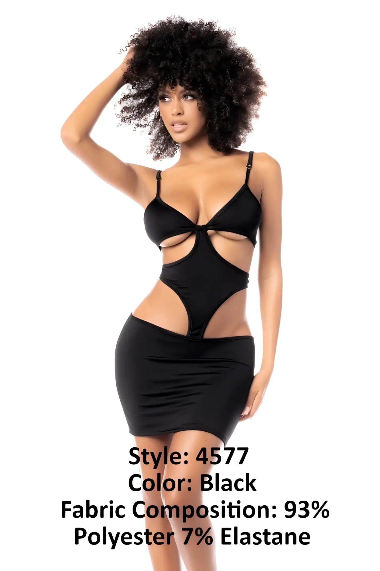 Black cut-out bodycon Mapale 4577 dress with triangle neckline and high-waisted skirt made of polyester and elastane
