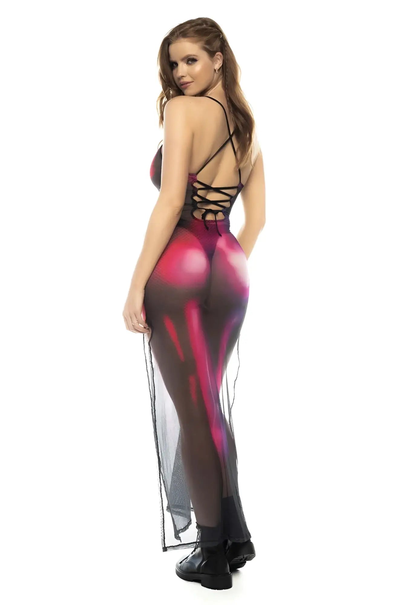Sheer form-fitting mapale 4592 neptune dress in translucent pink with vibrant black skeletal design and open back shown from back