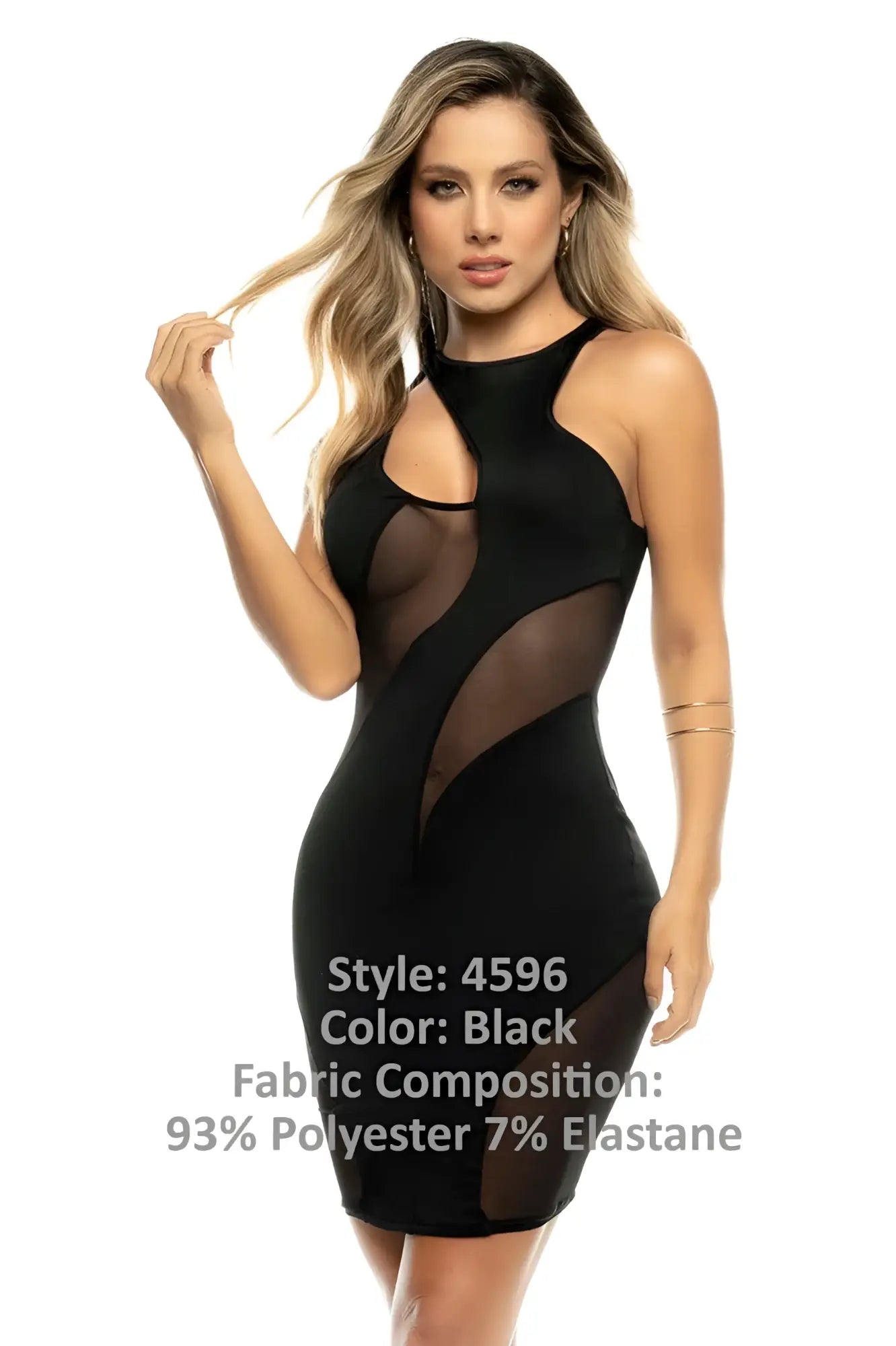 Black form-fitting Mapale 4596 Edna dress with sheer mesh panels and high neckline in a sleek design