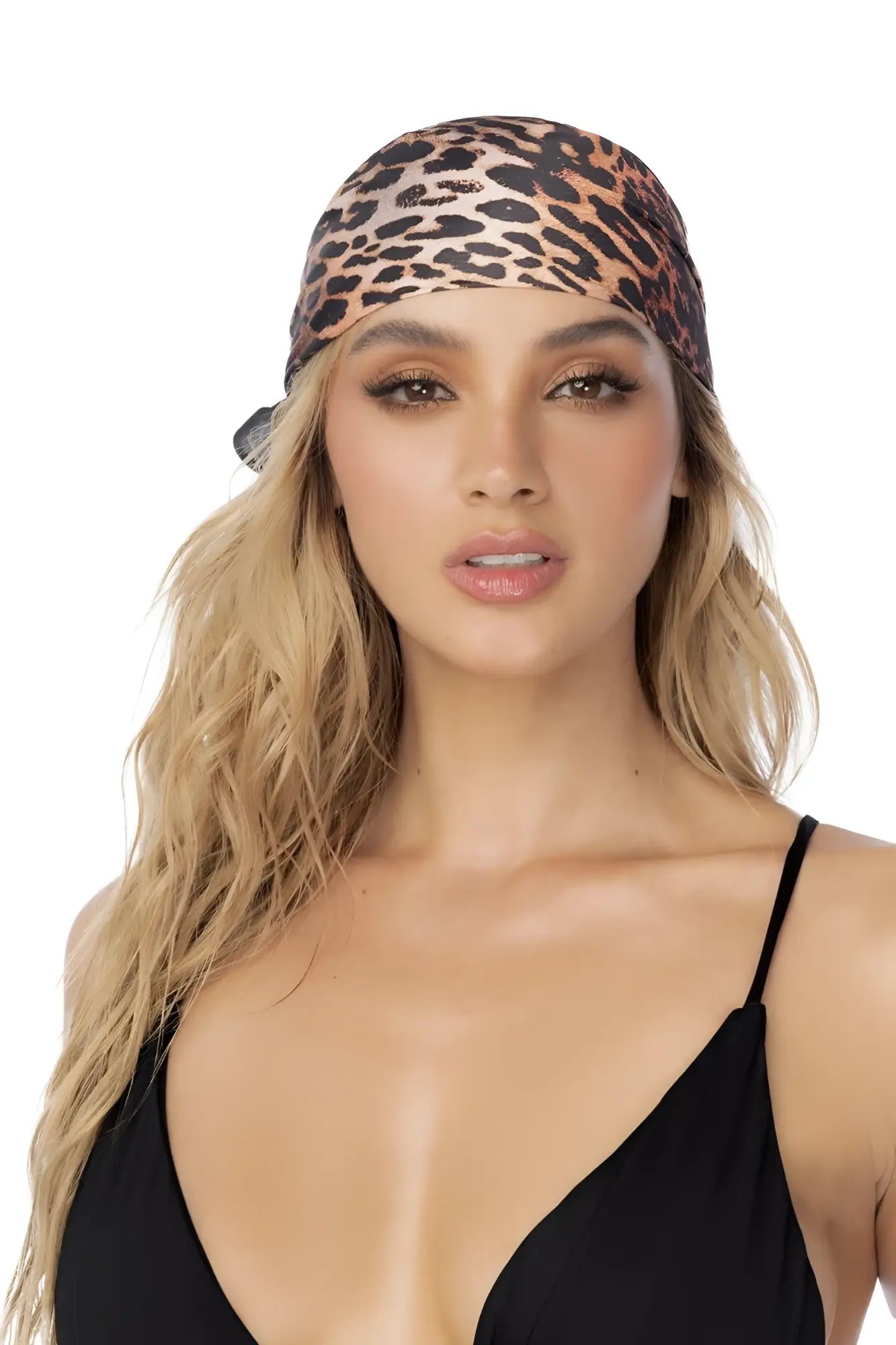 Mapale 47018 all ways scarf animal print leopard print headscarf with soft stretchy fabric and bold black spots on tan